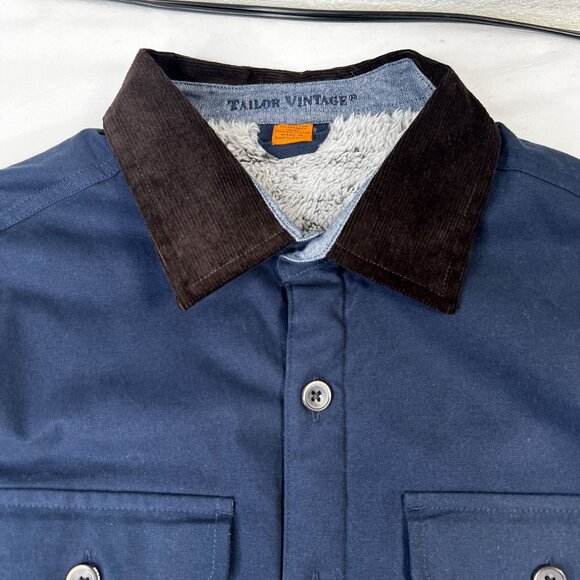 Tailor Vintage Mens Canvas Faux Shearling Fleece Lined Jacket Cord Collar Blue L - Picture 10 of 15